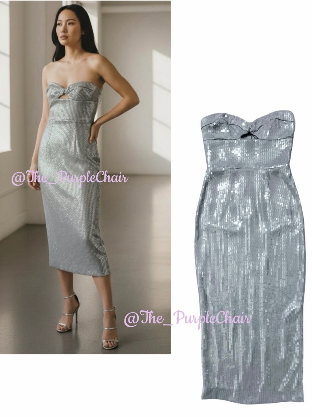 BARDOT NWT Cerise Sequin Strapless Midi Dress *Dove Grey 2